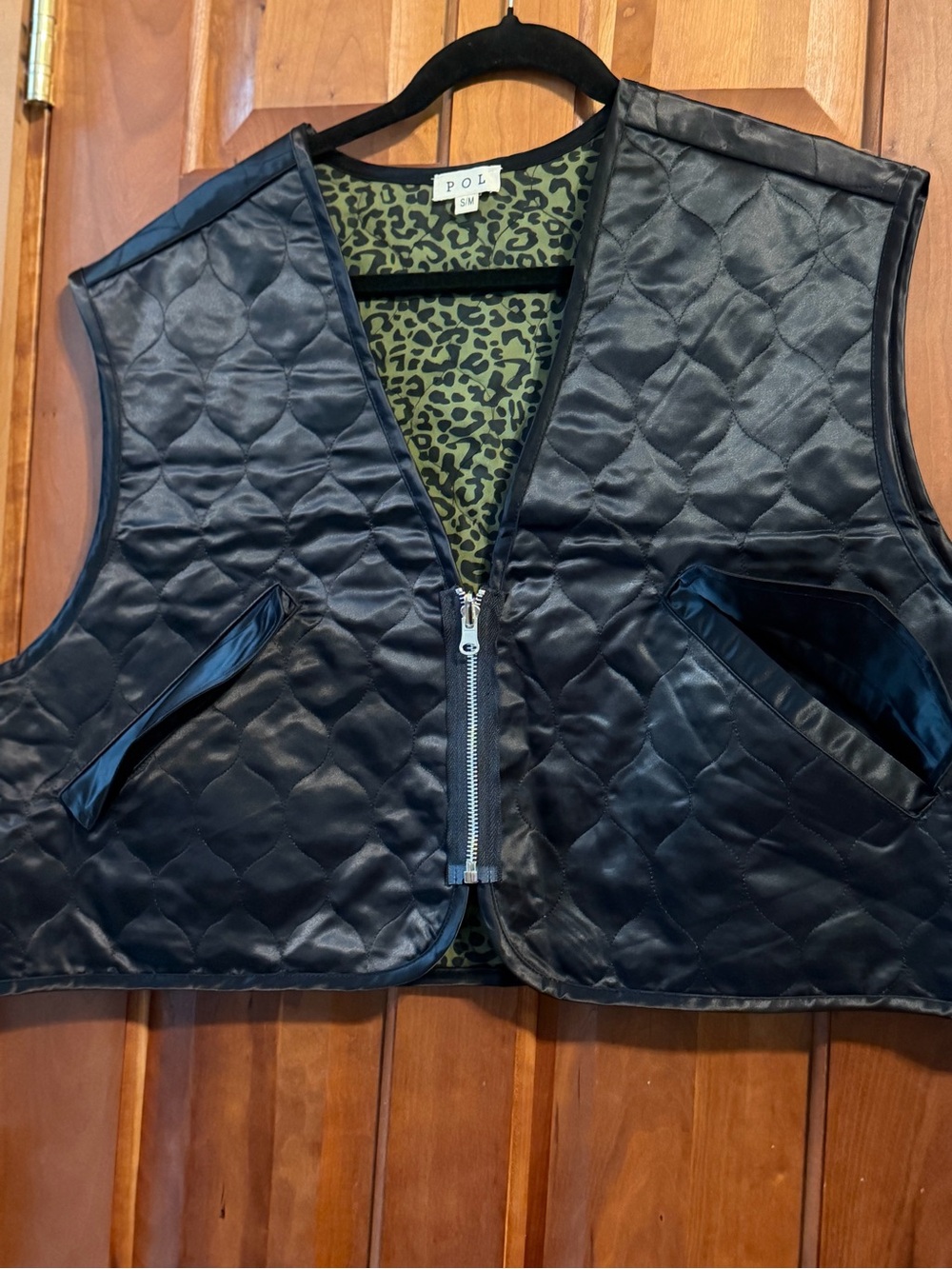 POL Black Quilted Vest with Green Leopard Lining